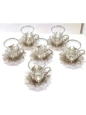 SET OF 6 Handmade Turkish Tea Water Busem Serving Set Glasses Saucer Silver